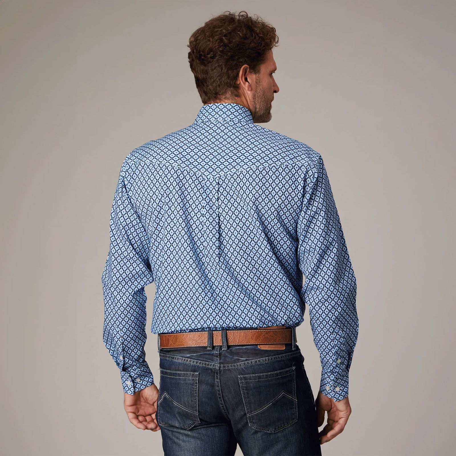 Roper Mns Amarillo Collection LS Print Shirt Blue - EOFY Sale