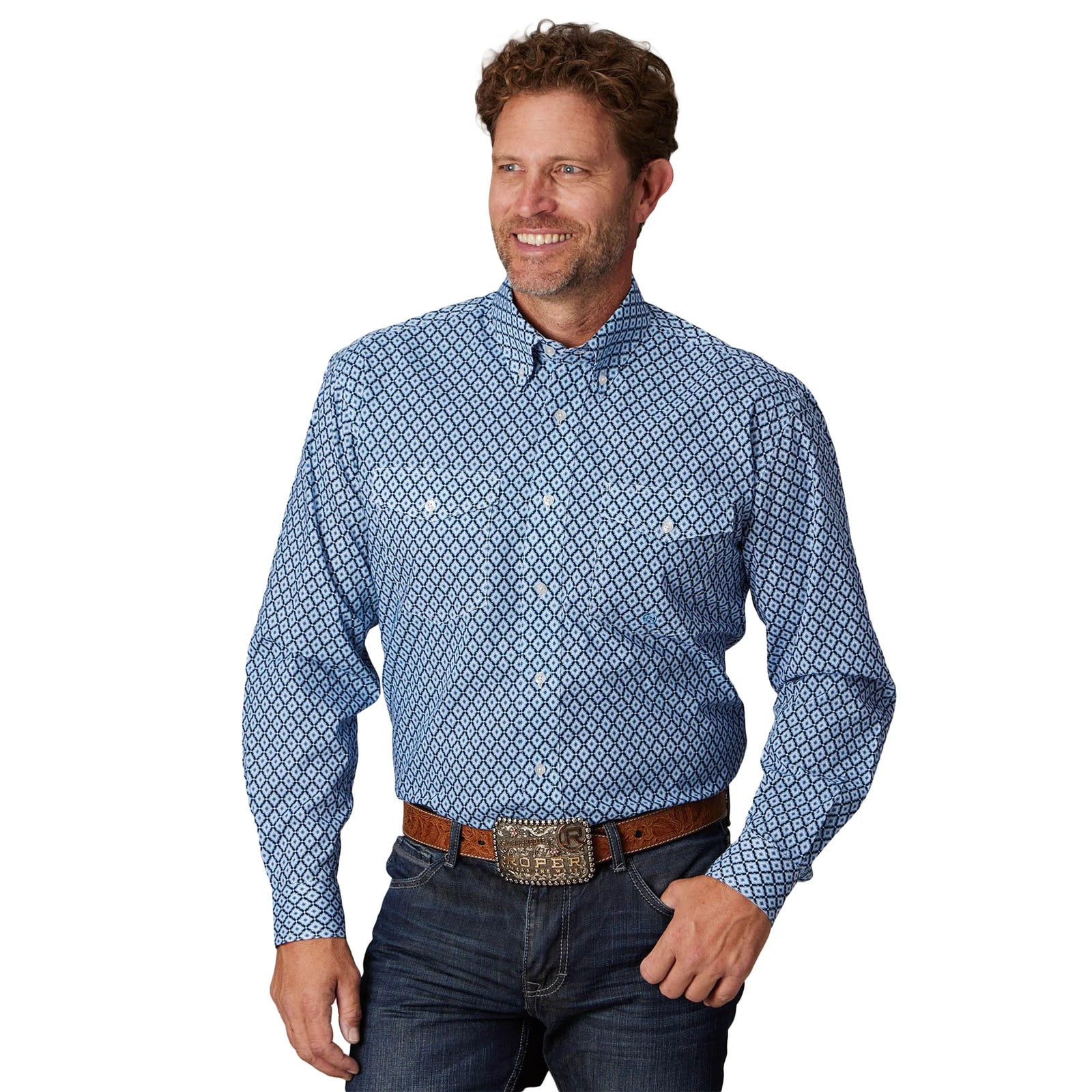 Roper Mns Amarillo Collection LS Print Shirt Blue - EOFY Sale