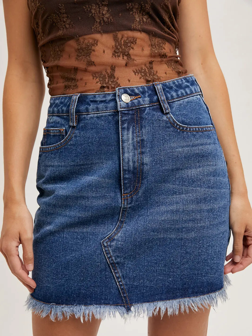 Denim Raw Hem Mini Skirt High Waist