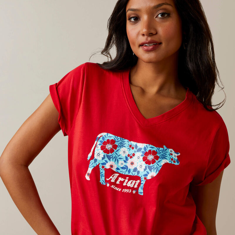 Ariat Wms Flower Cow Short Sleeve Tee Equestrian Red