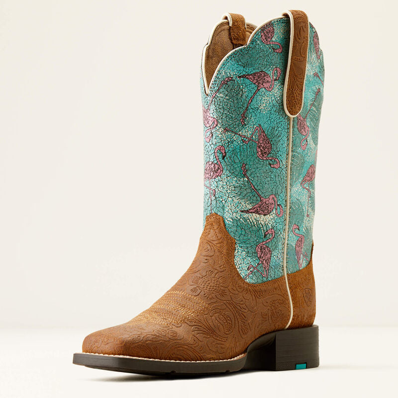Ariat Wms Round Up Wide Square Toe Embossed Chestnut Flock O Flamingos