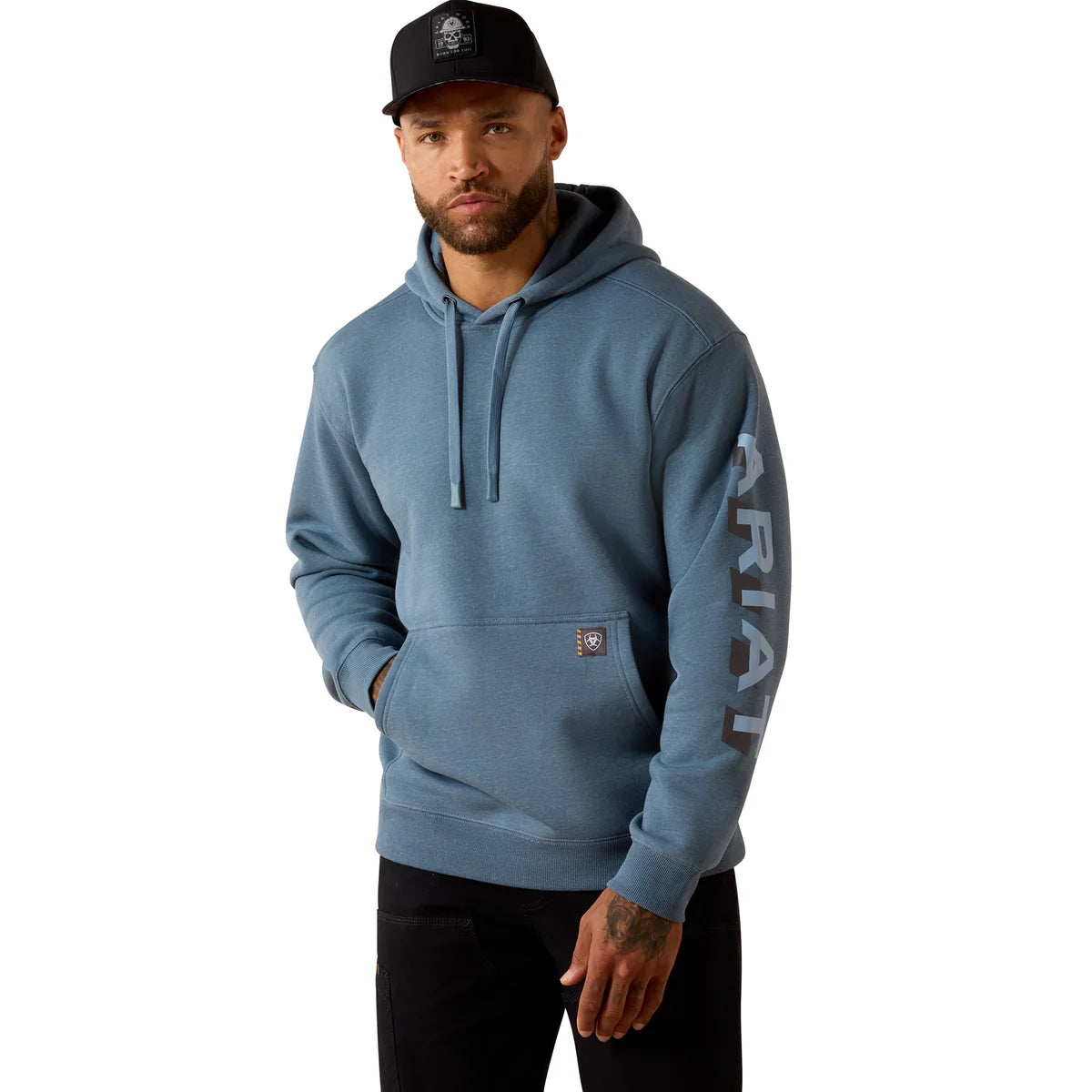 Ariat Mns Rebar Lightweight Logo Hoodie Baleen Blue Heather/Dusty Blue