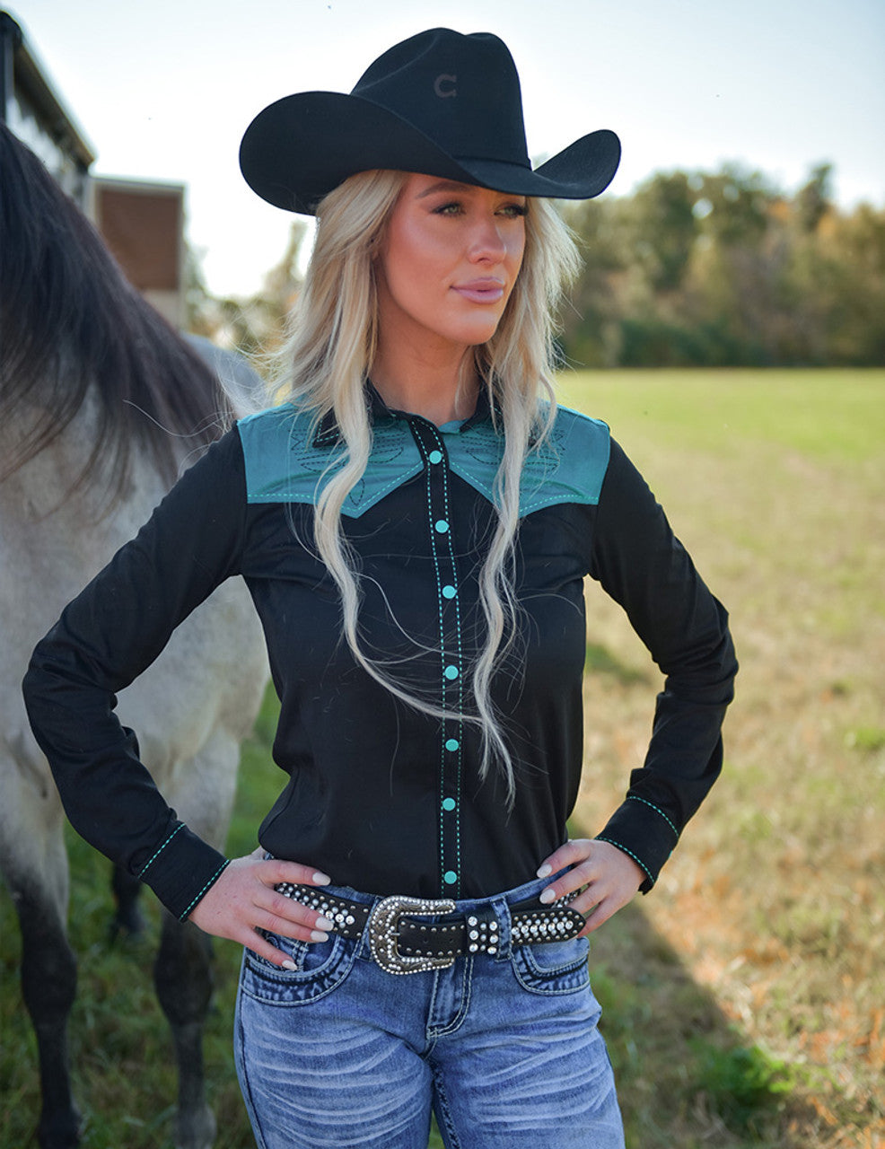 Cowgirl Tuff Pullover Button Up Black with Turquoise Accents