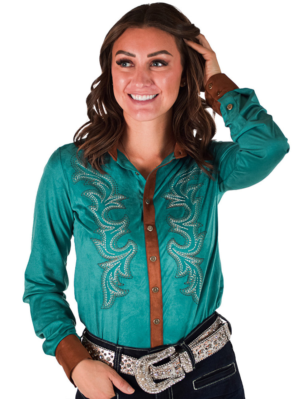 Cowgirl Tuff Pullover Button Up Turquoise with Western Swirl Embroidery