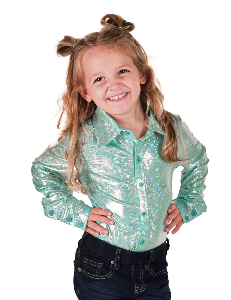 Cowgirl Girls Pullover Button Up Mint Holographic