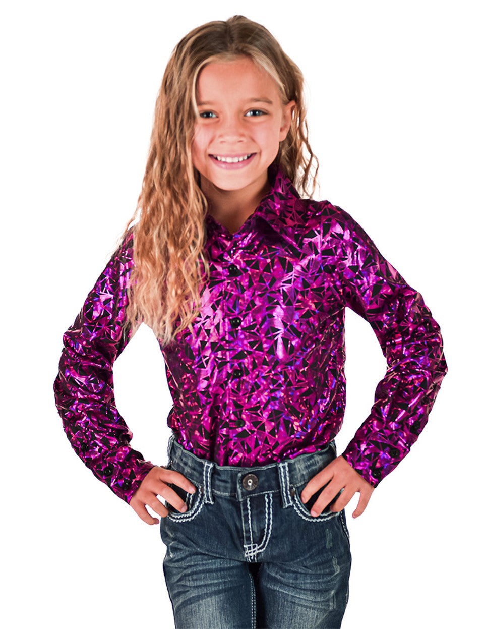 Cowgirl Tuff Girls Hot Pink and Black Pullover Button Up