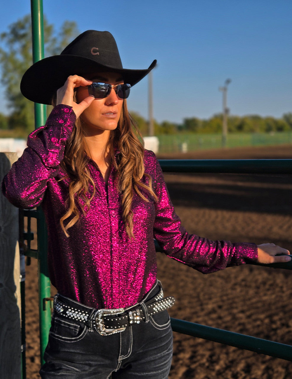 Cowgirl Tuff Pullover Button Up Magenta Shimmer