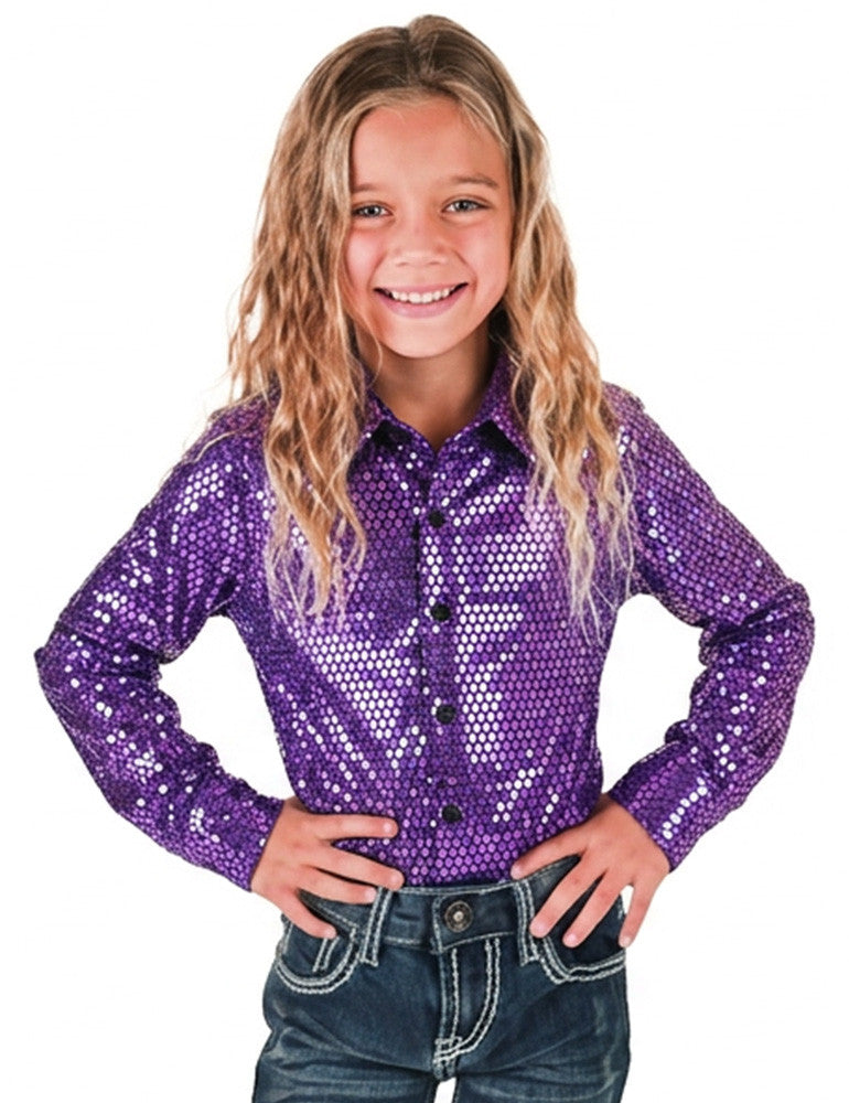 Cowgirl Tuff Girls Bright Lilac Foil Metallic Pullover Button Up