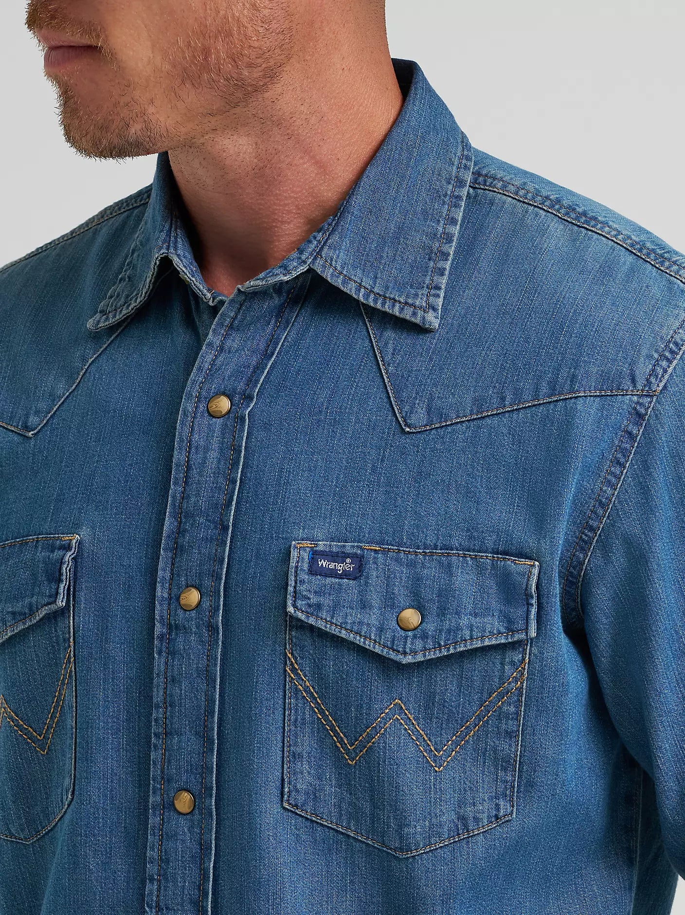 Wrangler Mns Mid Wash Denim Snap Long Sleeve Shirt