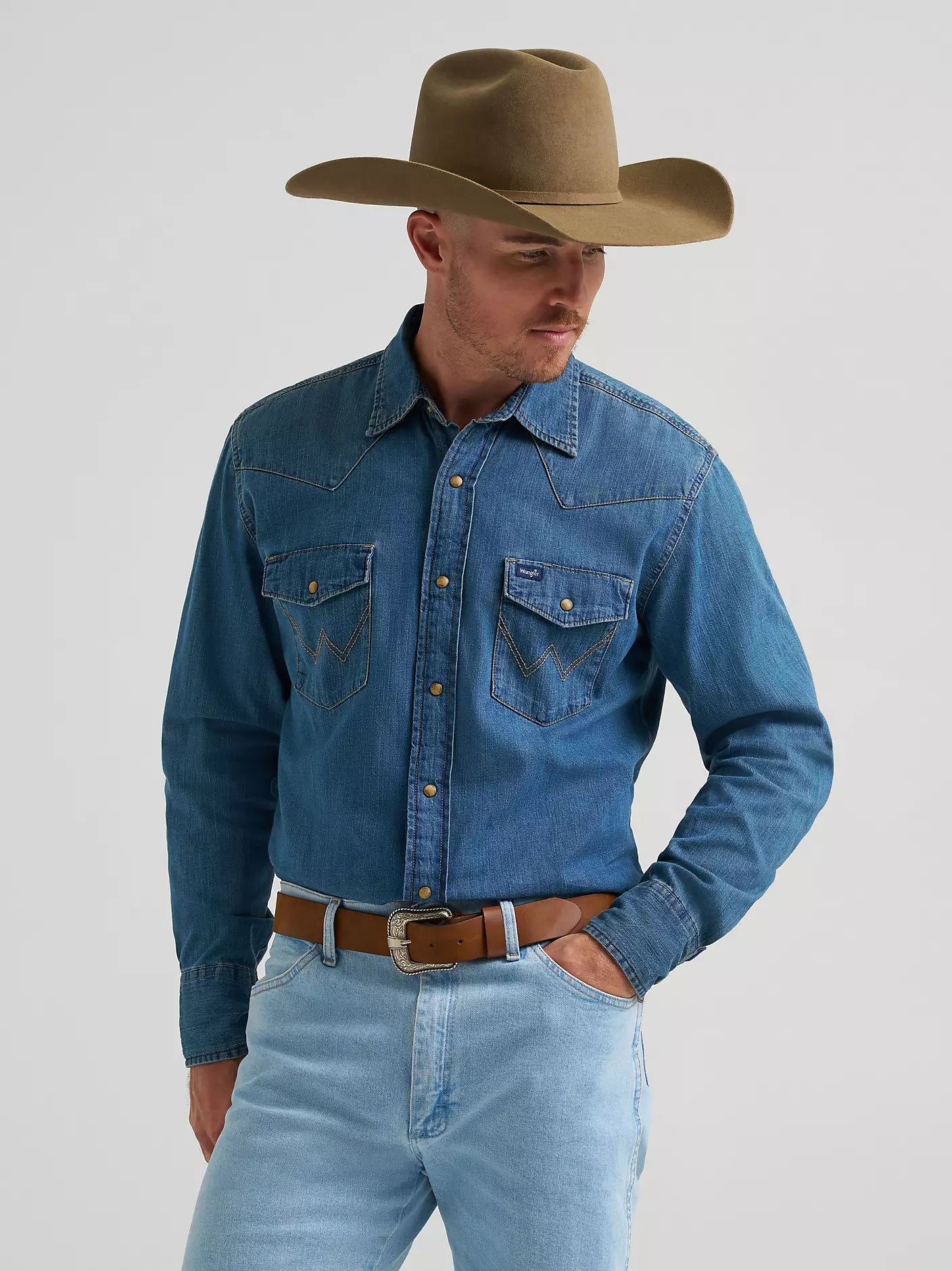 Wrangler Mns Mid Wash Denim Snap Long Sleeve Shirt
