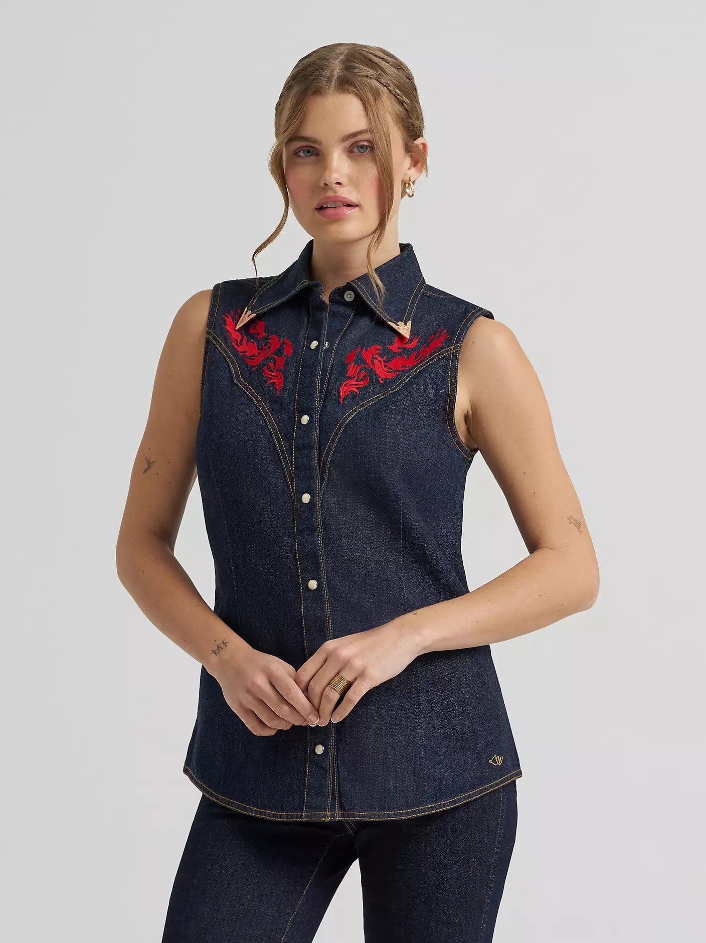Wrangler X Lainey Wilson Wmns Embroidered Sleeveless Denim Shirt - EOFY Sale