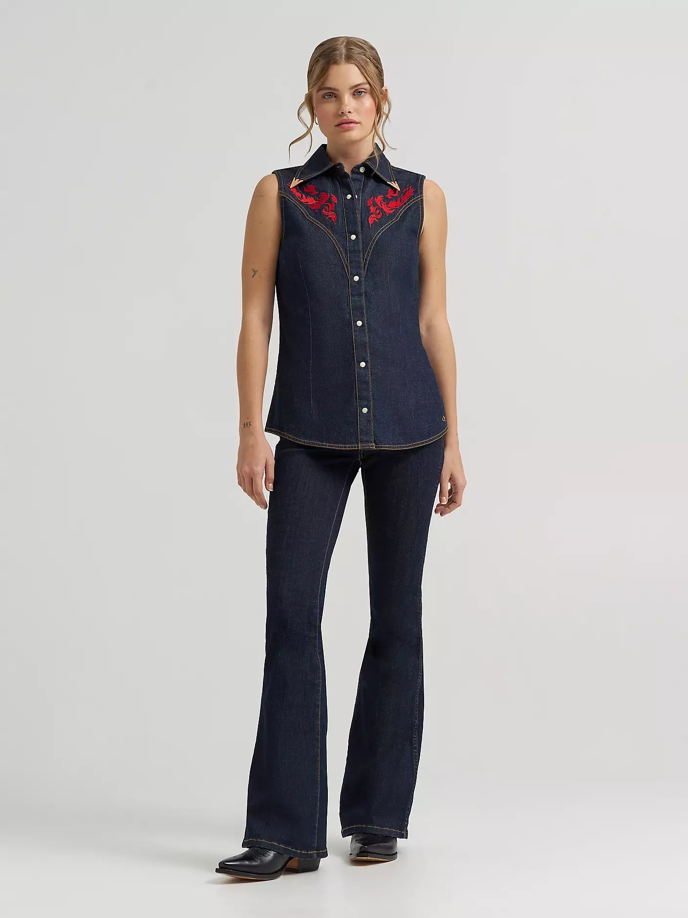Wrangler X Lainey Wilson Wmns Embroidered Sleeveless Denim Shirt - EOFY Sale