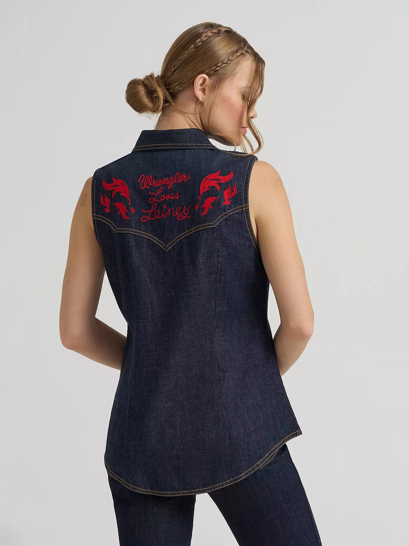 Wrangler X Lainey Wilson Wmns Embroidered Sleeveless Denim Shirt - EOFY Sale