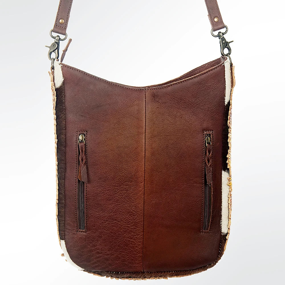 American Darling Cowhide Crossbody Bag with Tooled Leather Sunflower Accents Western Hair On Hide Tote
