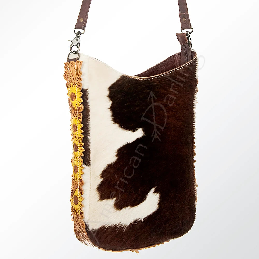 American Darling Cowhide Crossbody Bag with Tooled Leather Sunflower Accents Western Hair On Hide Tote
