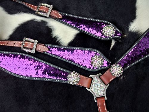 Showman Purple and Silver Sequins Inlay Single Ear Bridle and Breastplate Set