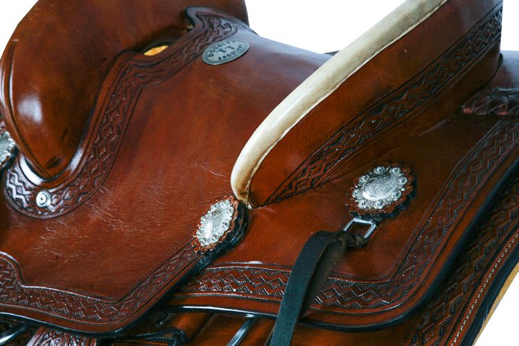 Double T Yhard Seat Roper Style Saddle with Aztec Design Tooling