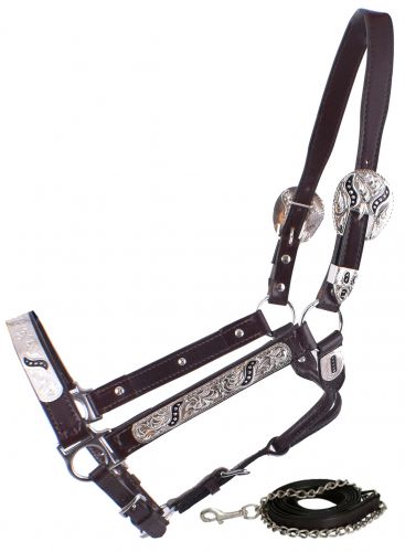 Showman Double Stitched Leather Show Halter with Engraved Silver Plates