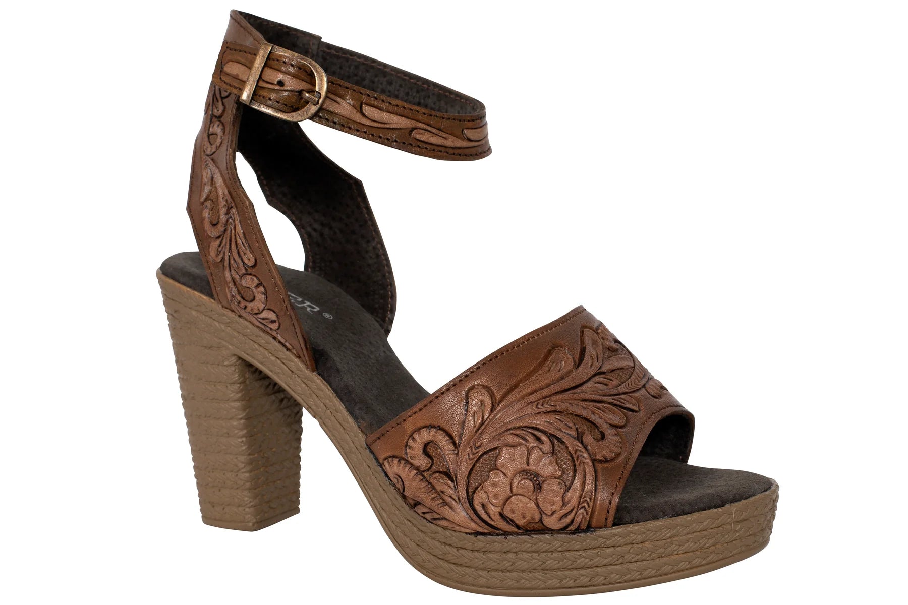 Roper Wms Mika Ankle Strap Brown/Tan Tooled Leather