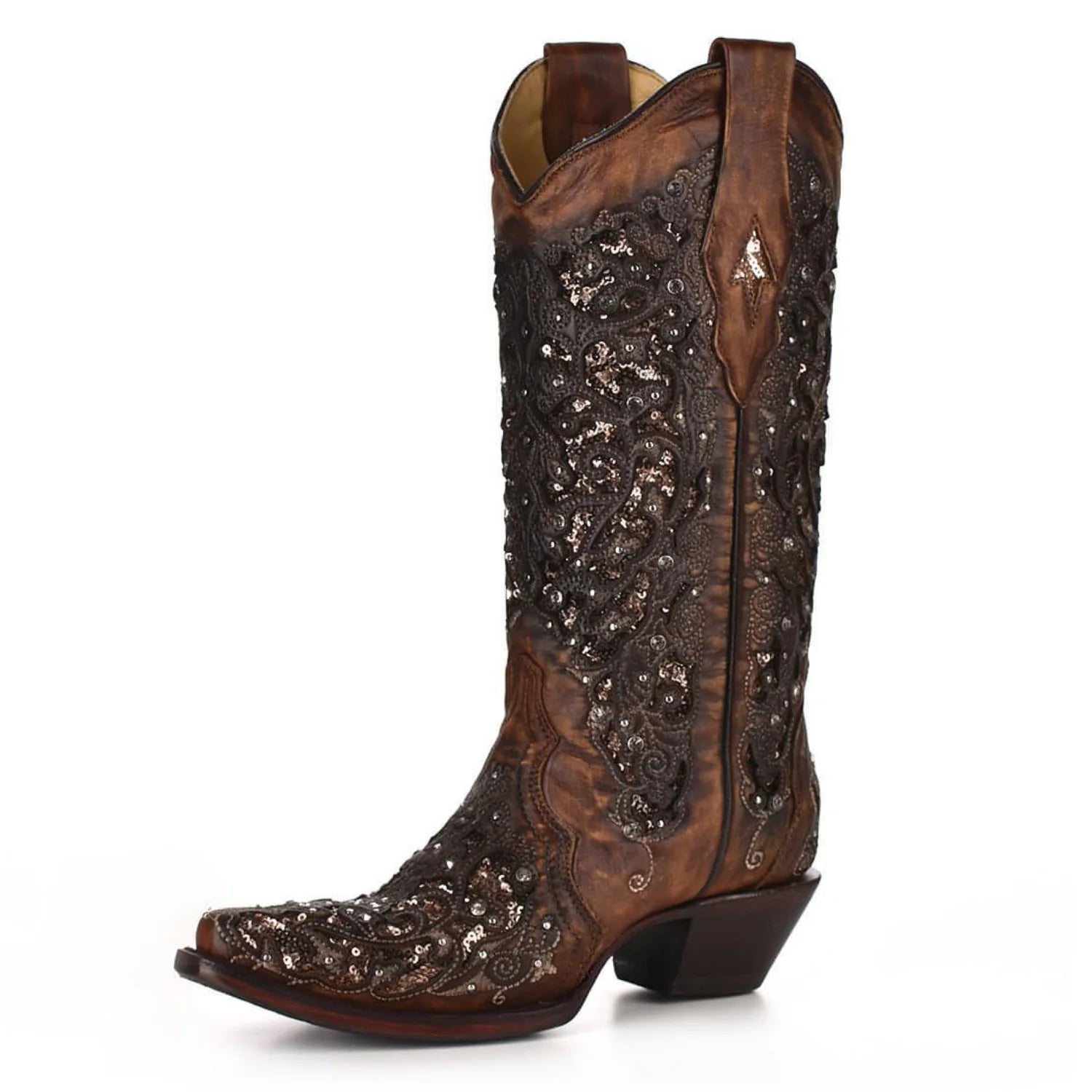 Corral Womens Black Glitter Inlay Floral Overlay with Crystals and Studs Snip Toe Cognac Boot