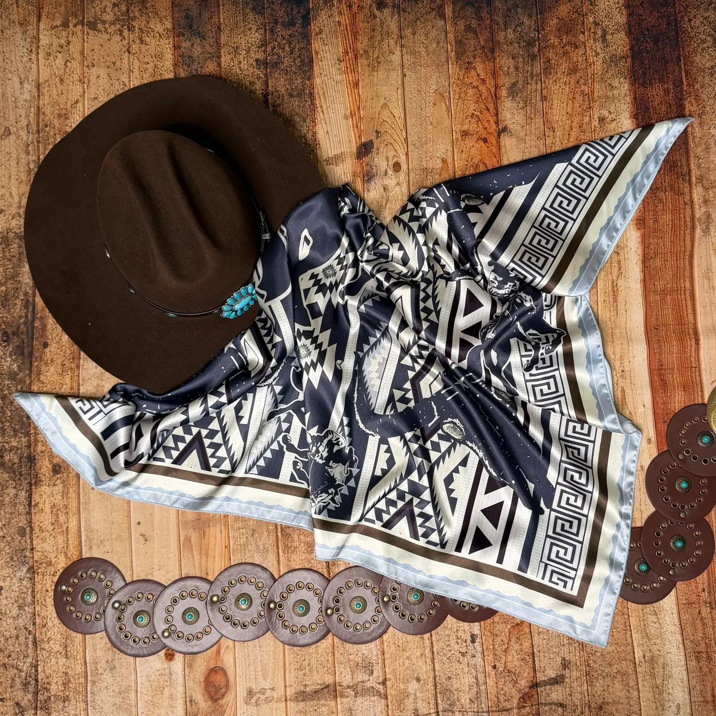 Aztec Cowboy Longhorn Print Silk Wild Rag