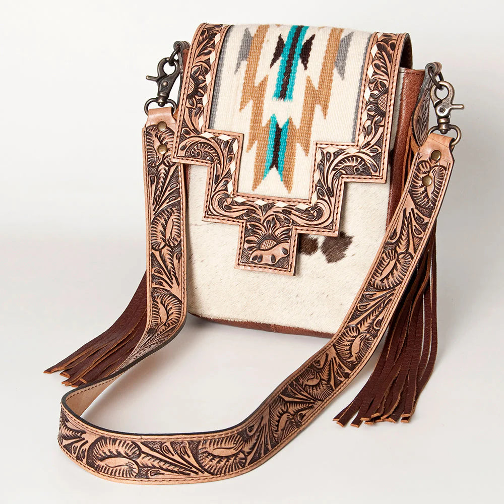 American Darling Western Cowhide and Saddle Blanket Messenger Bag with Hand Tooled Leather and Fringe