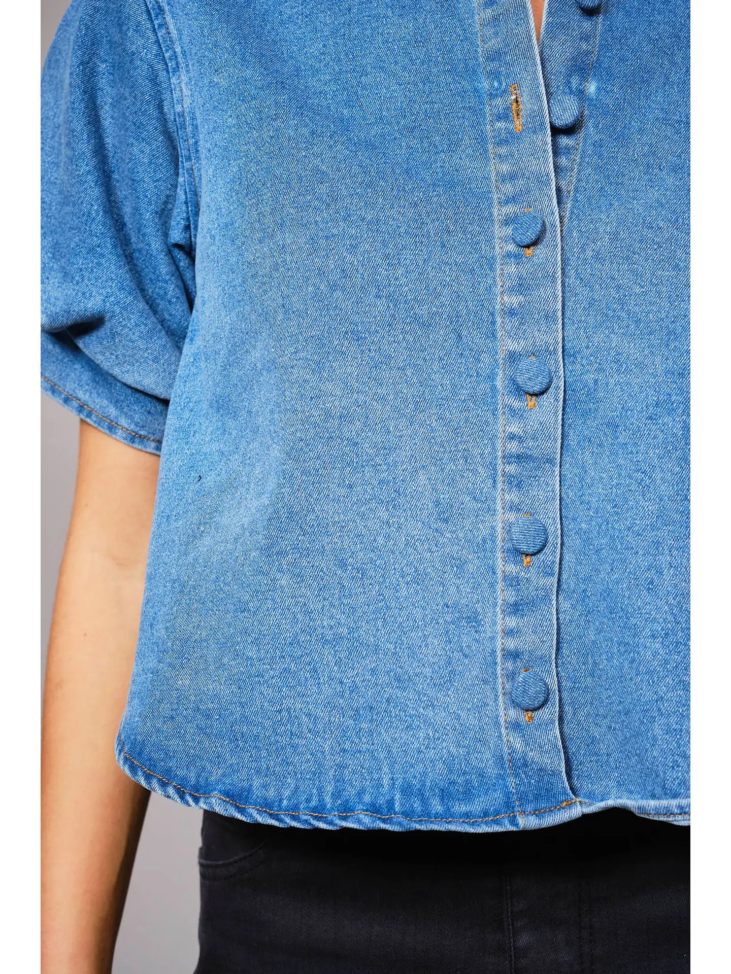 Puff Short Sleeve Button Down Denim Shirt