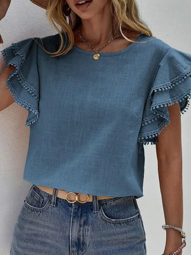 Plain Ruffle Sleeves Crew Neck Top