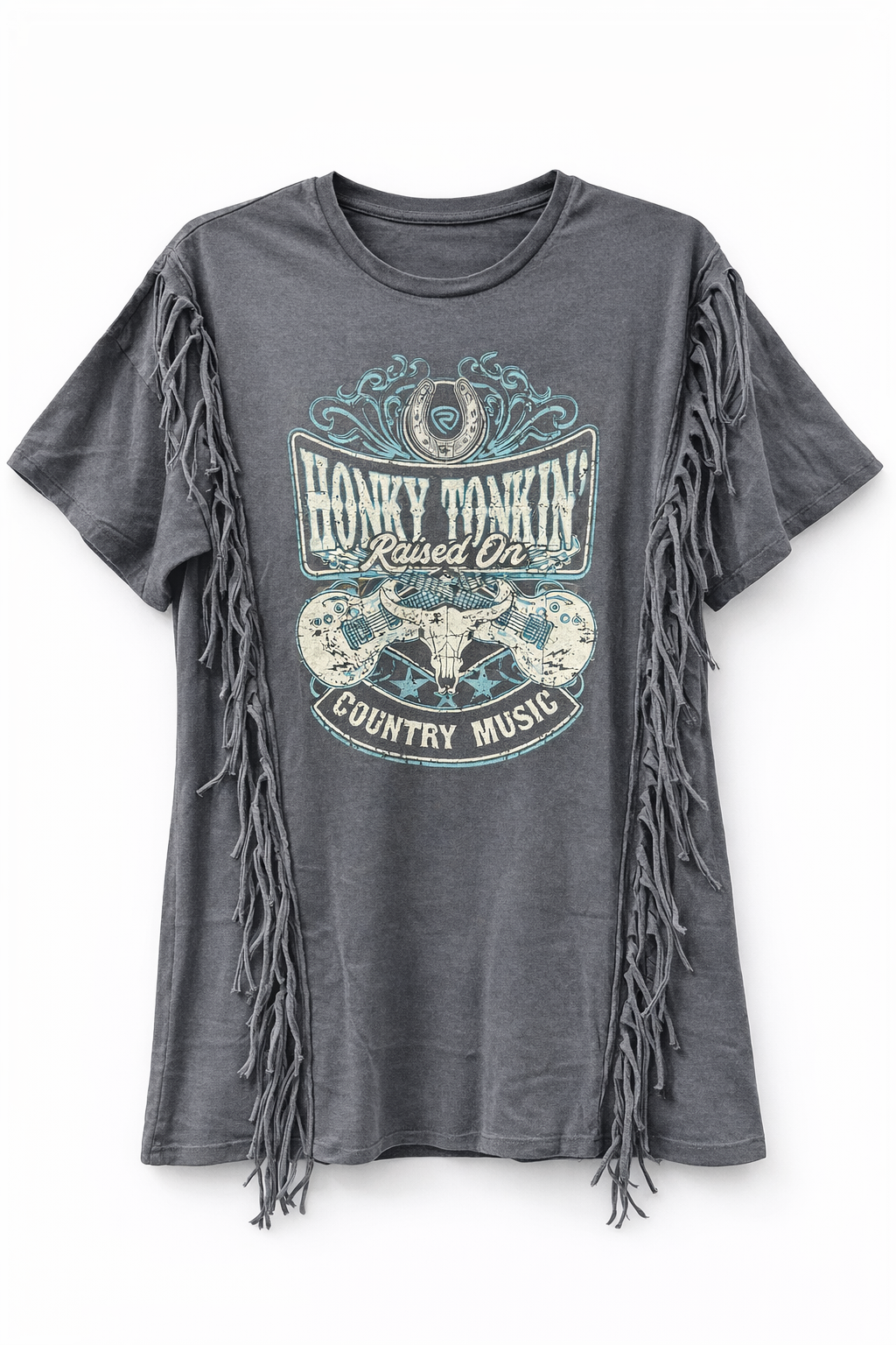 Rock and Roll Denim Fringe Graphic T Shirt Dress