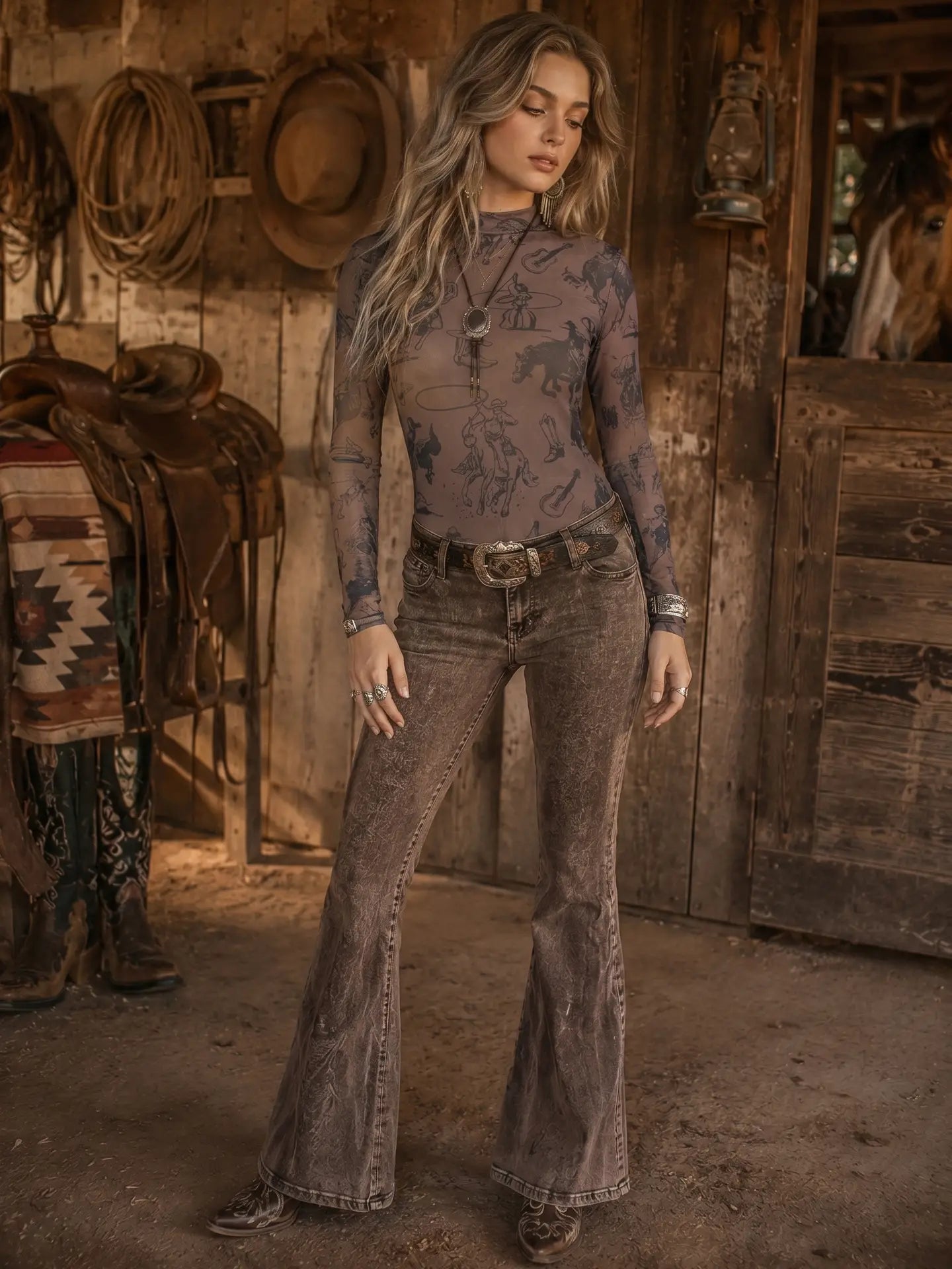 Cowgirl Print Mesh Mock Neck Top