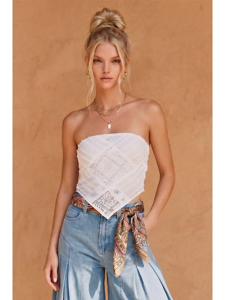 Boho Lace Crochet Cropped Top With Smocking