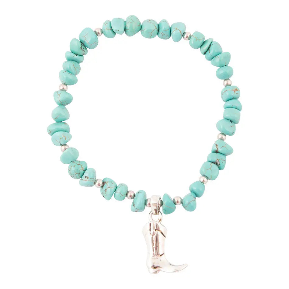 Cowgirl Up Blue Turquoise Sterling Silver Boot Charm Stretch Bracelet
