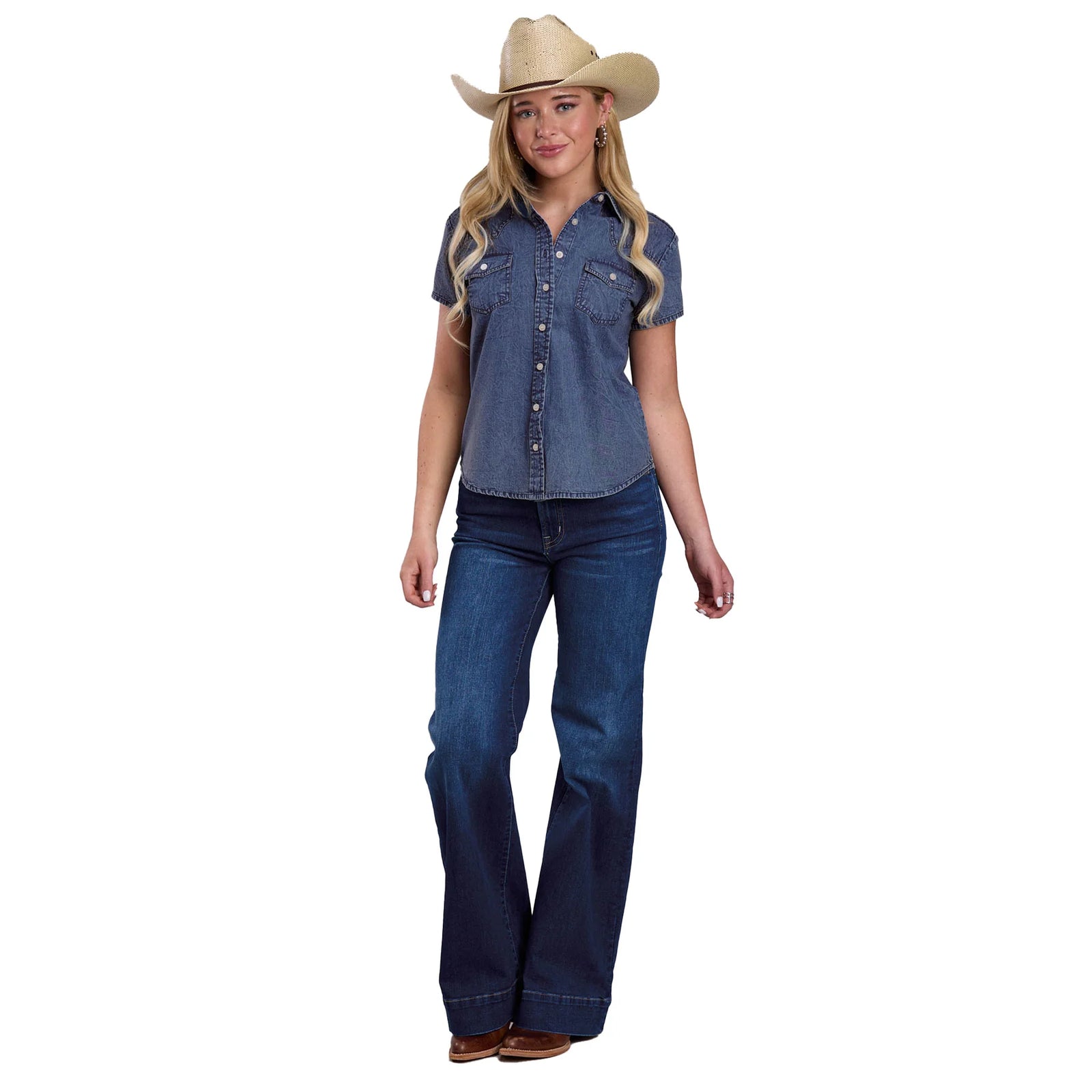 Roper Wmns Five Star Collection SS Shirt Solid Blue