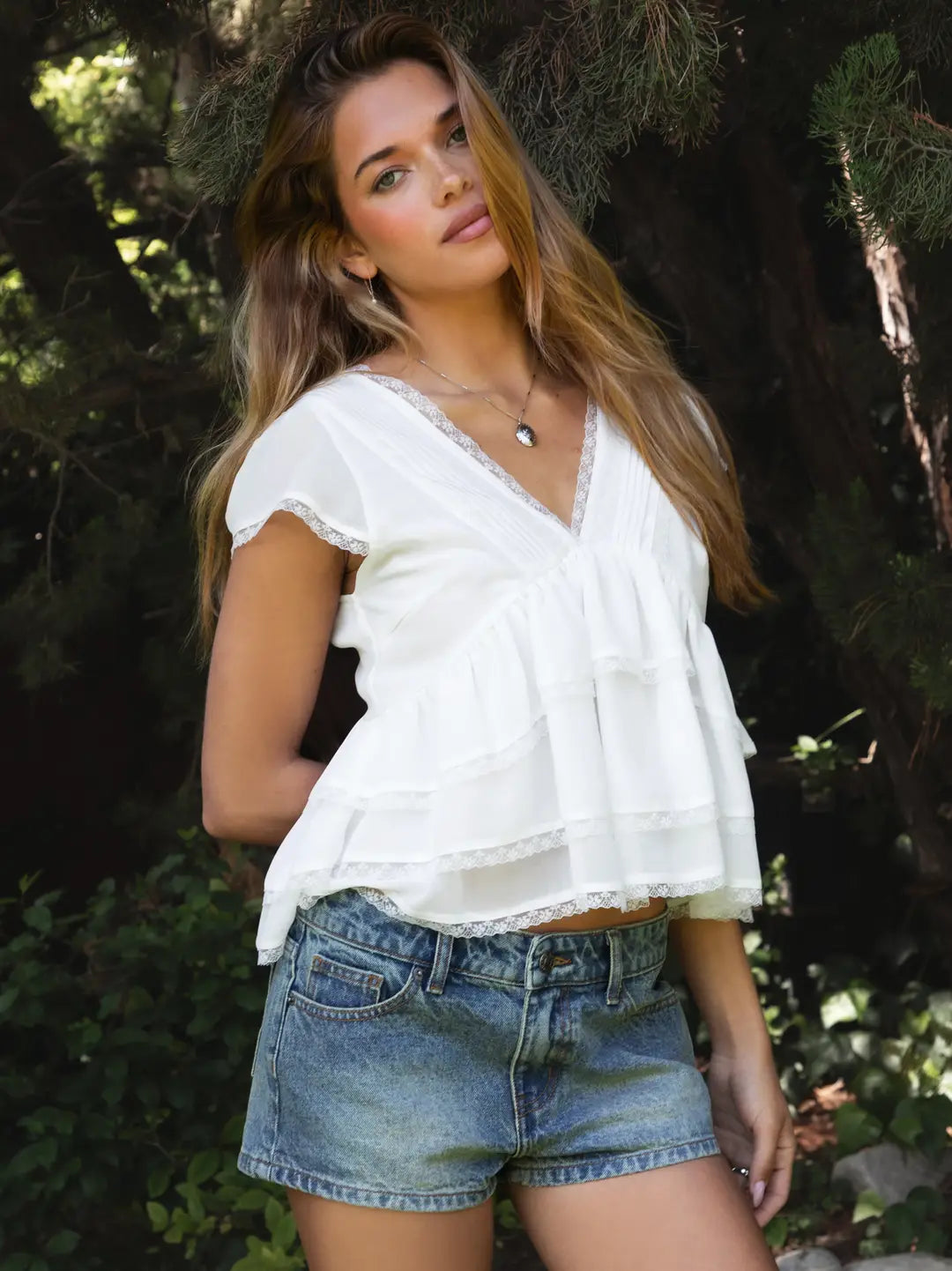 Juliette V Neck Tiered Ruffle Short Sleeve Blouse Top