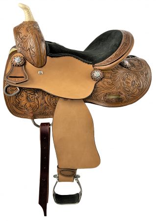Double T Youth Barrel Style Saddle with Floral Tooling and Iridescent Crystal Rhinestone Conchos