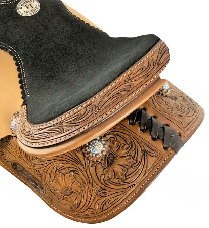 Double T Youth Barrel Style Saddle with Floral Tooling and Iridescent Crystal Rhinestone Conchos