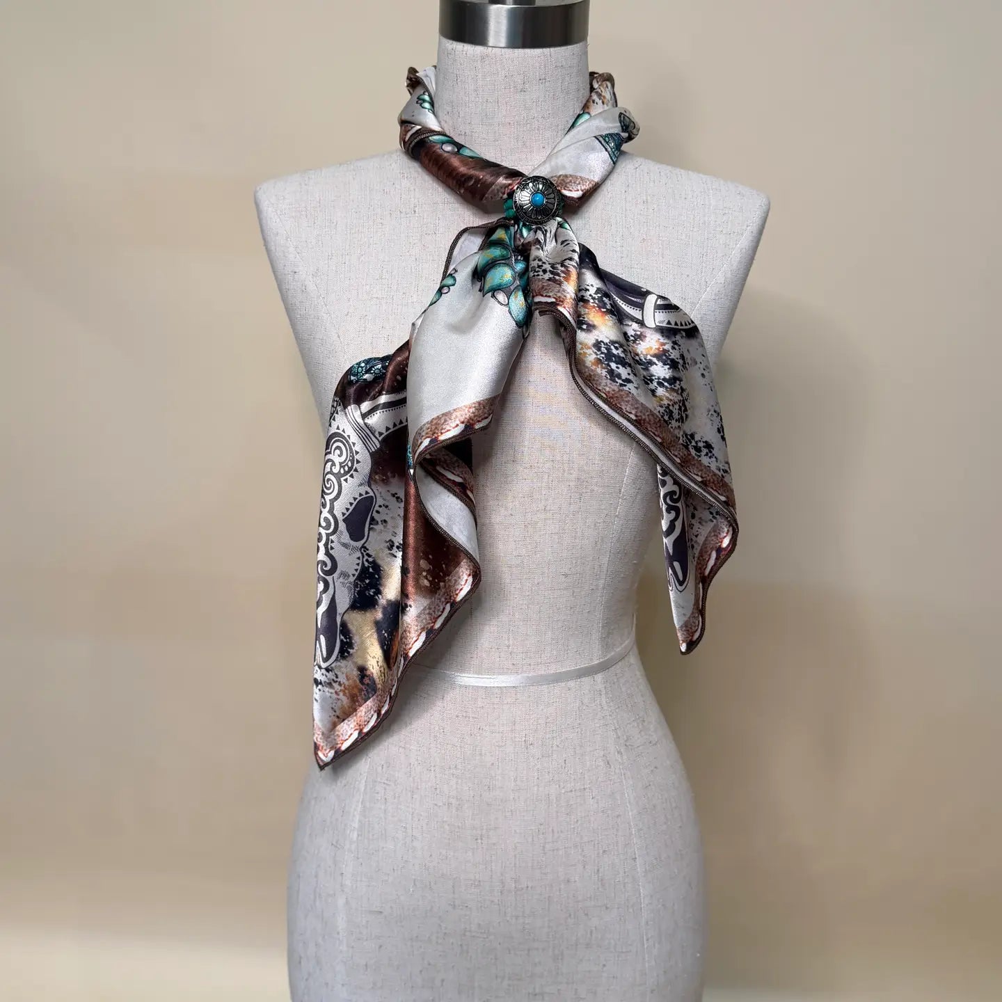 Western Longhorn Turquoise Print Silk Scarf