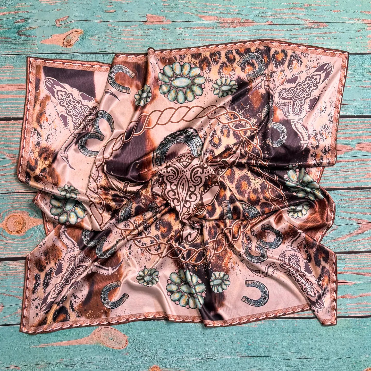 Western Longhorn Turquoise Print Silk Scarf