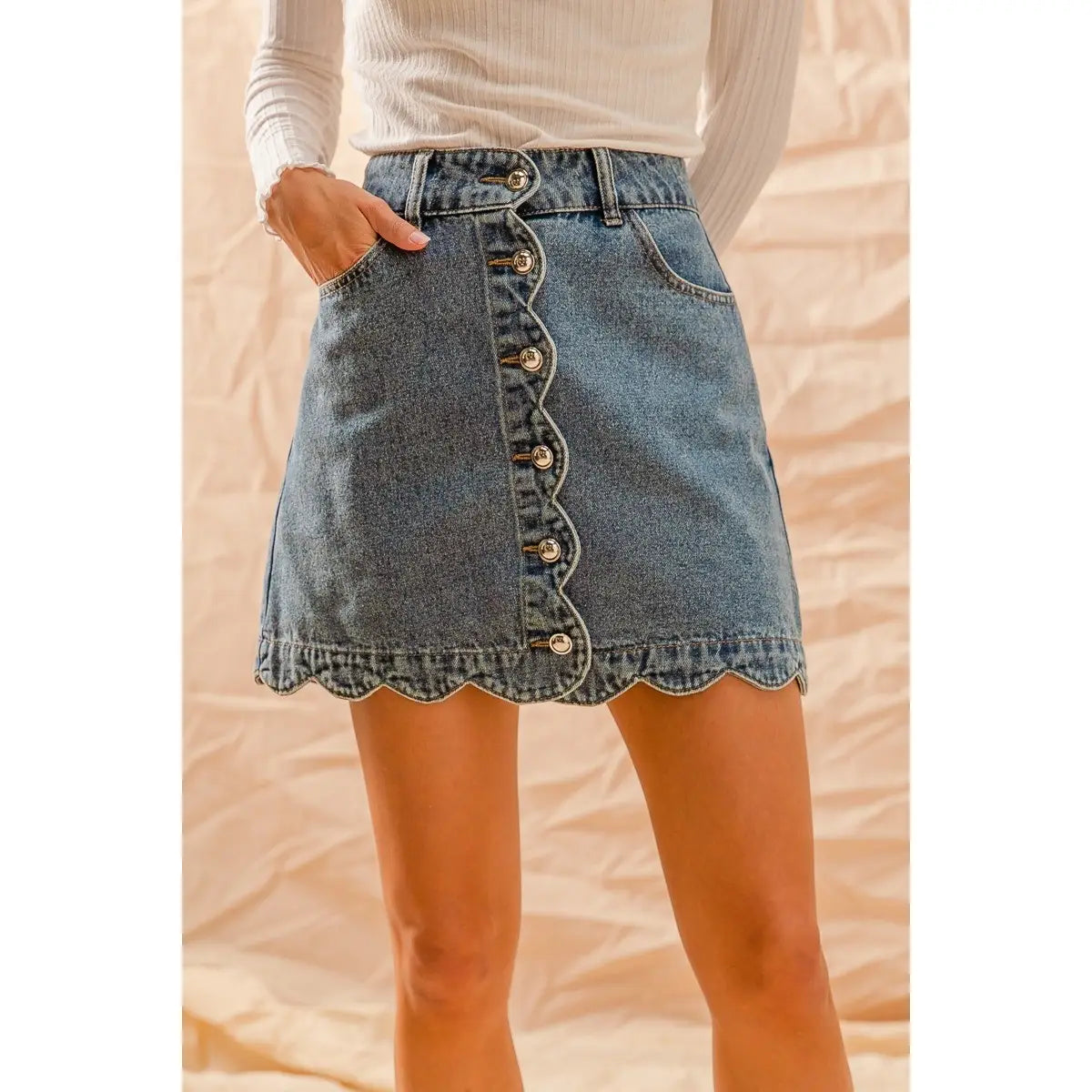 Scalloped Buttoned Front Denim Skirt