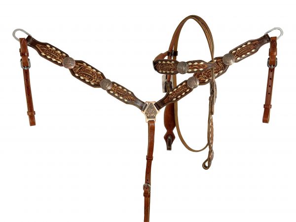 Showman Floral Tooled Leather Browband Headstall and Breastplate Set