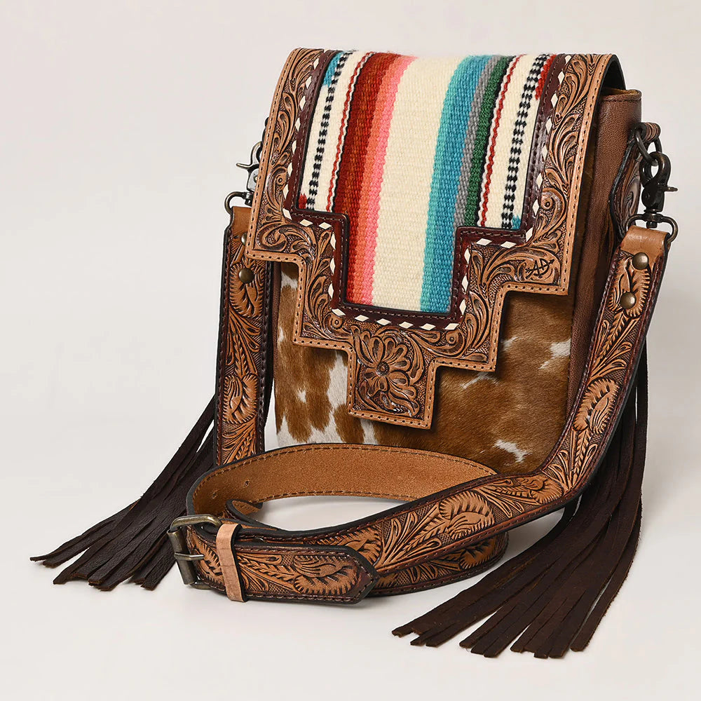American Darling Western Cowhide and Saddle Blanket Messenger Bag with Hand Tooled Leather and Fringe