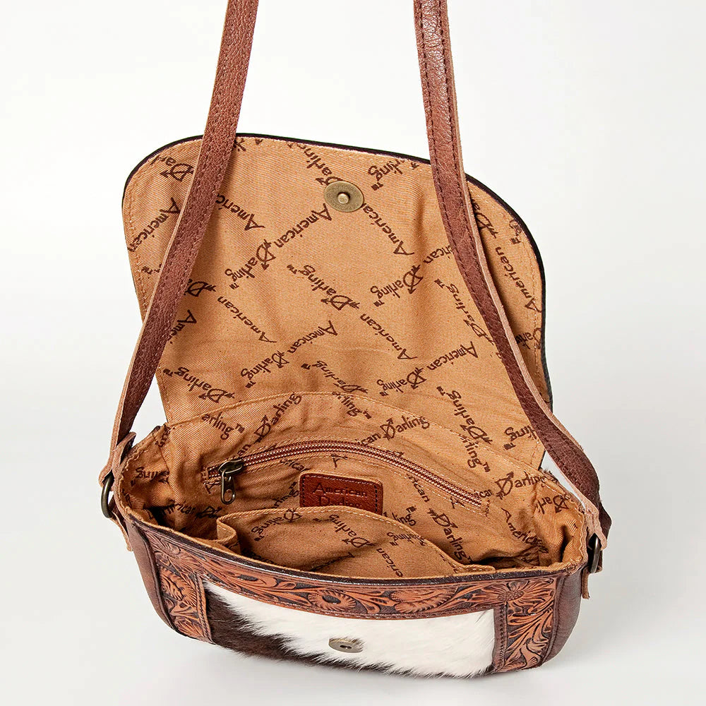 American Darling Tooled Leather Crossbody Bag with Cowhide and Turquoise Accent