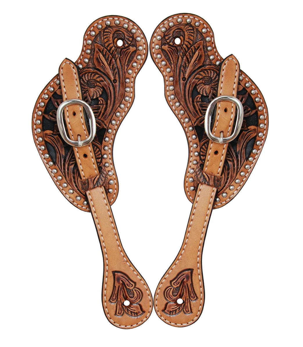 Mens Carved Spur Straps with Silver Studs