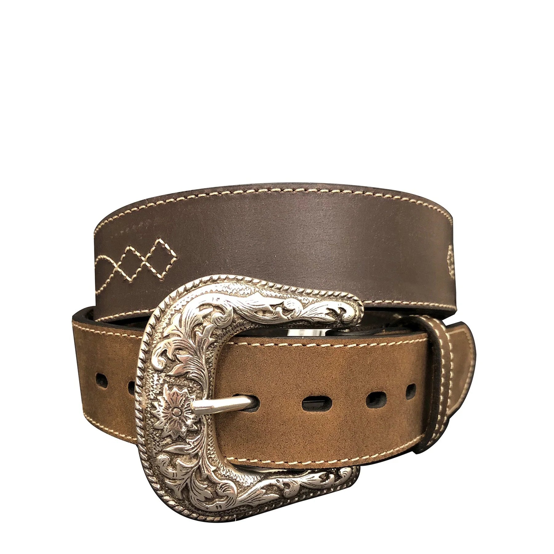 Roper Mns 1.5in Bridle Leather Western Stitch Design Belt Brown