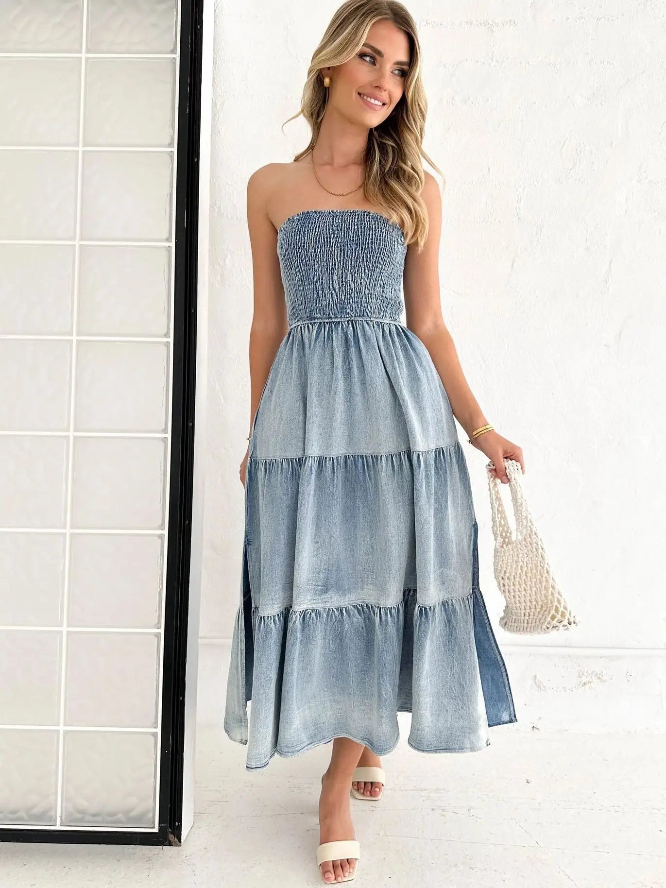 Off Shoulder Hem Slit Jean Dress