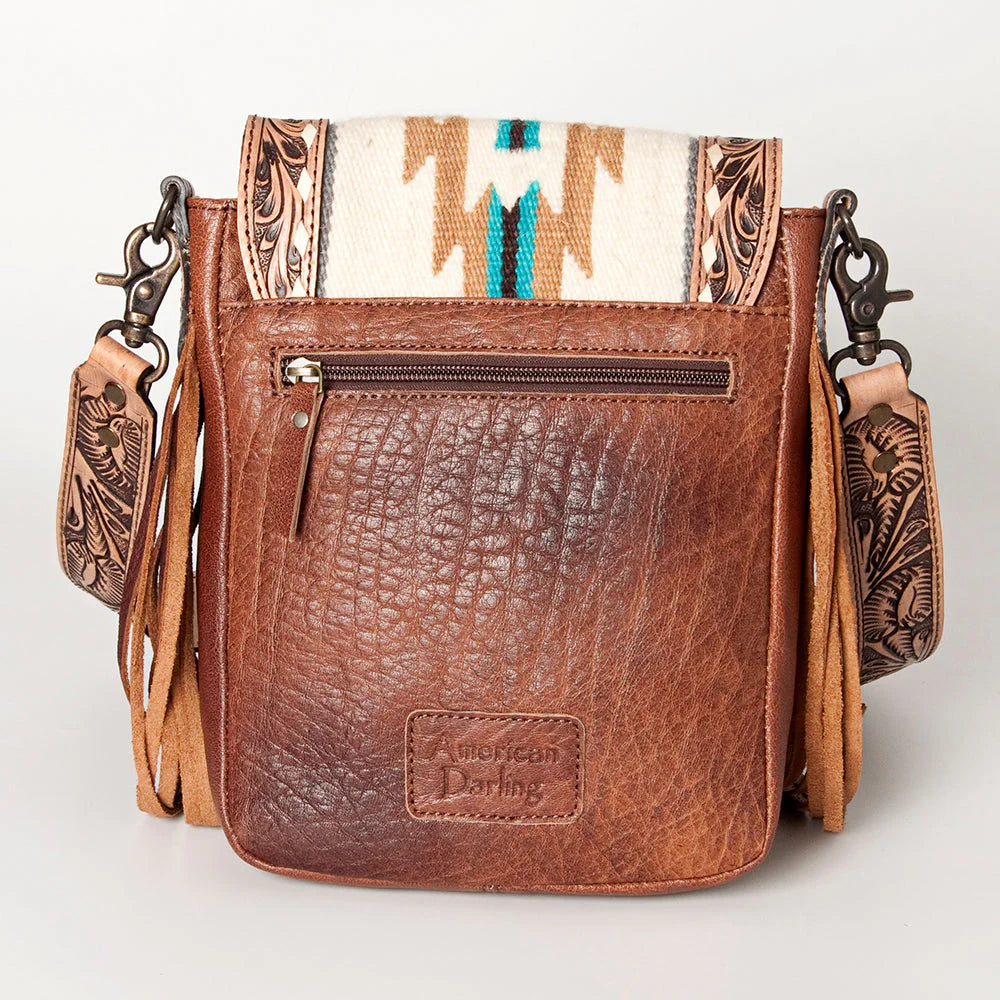 American Darling Western Cowhide and Saddle Blanket Messenger Bag with Hand Tooled Leather and Fringe