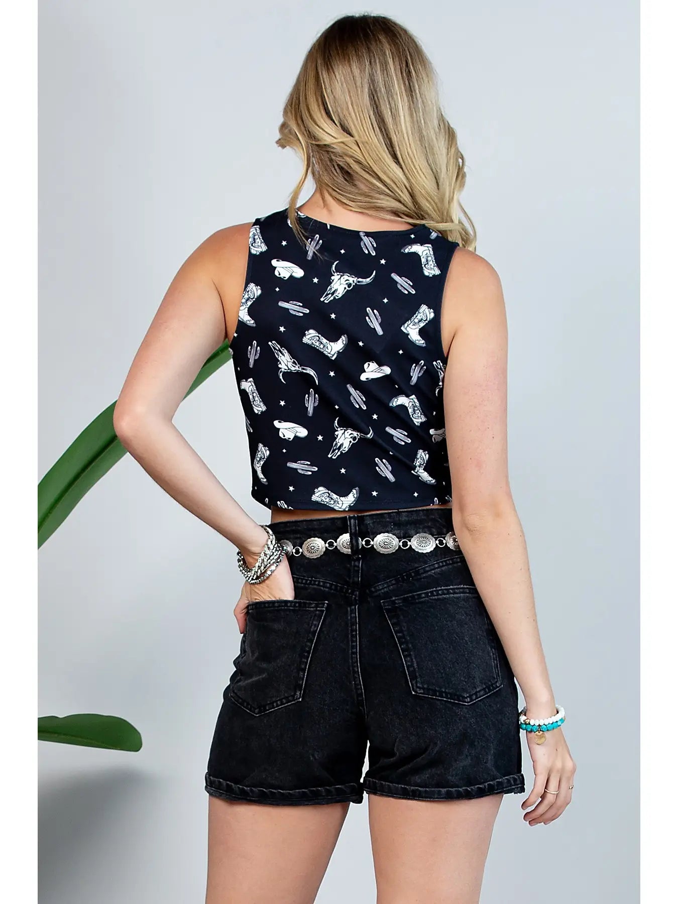 Western White Cow Skull Print V Neck Vest Top