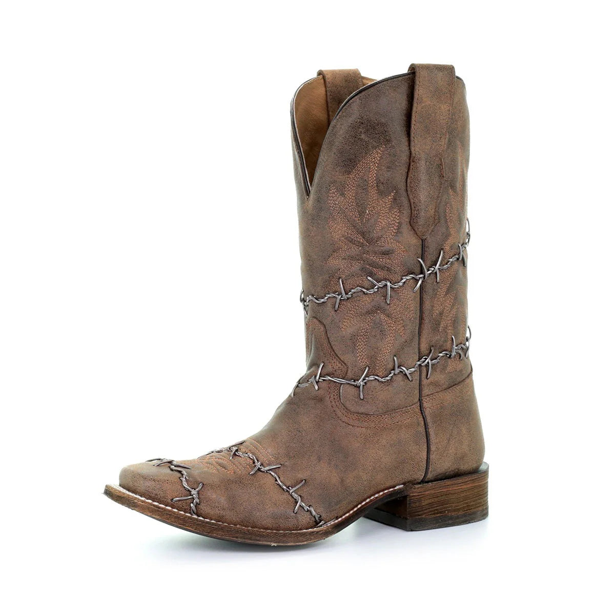 Corral Mens Brown Woven Barbed Wire Design Square Toe Boots