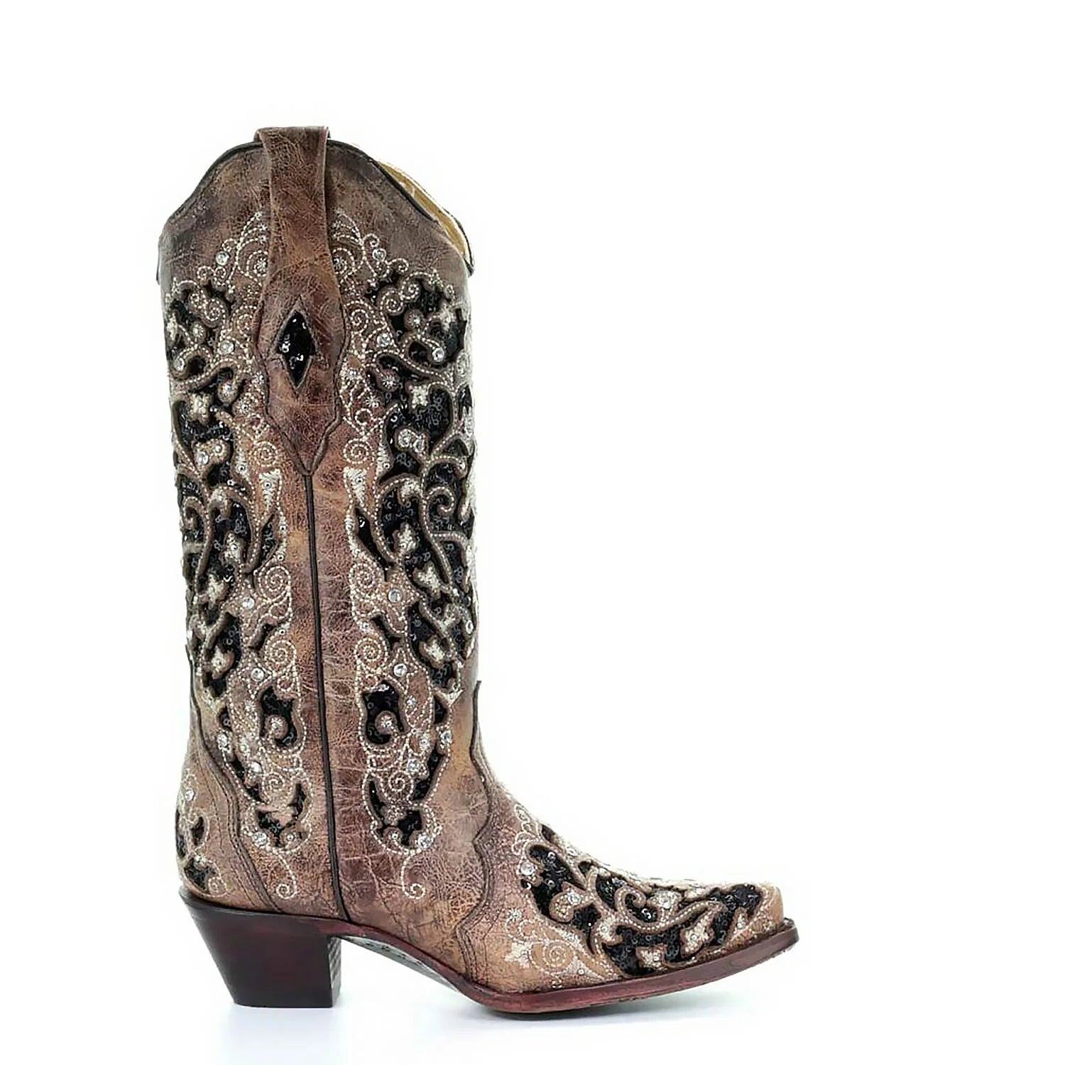 Corral Womens Black Glitter Inlay Floral Overlay with Crystals and Studs Snip Toe Boot Brown Cowboy