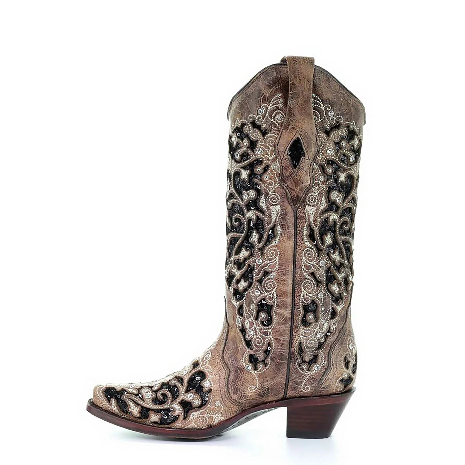 Corral Womens Black Glitter Inlay Floral Overlay with Crystals and Studs Snip Toe Boot Brown Cowboy
